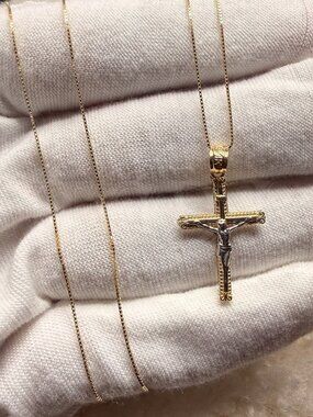 14K Two Tone Gold Crucufix Pendant With 0.5mm Box Chain - 16 inch
